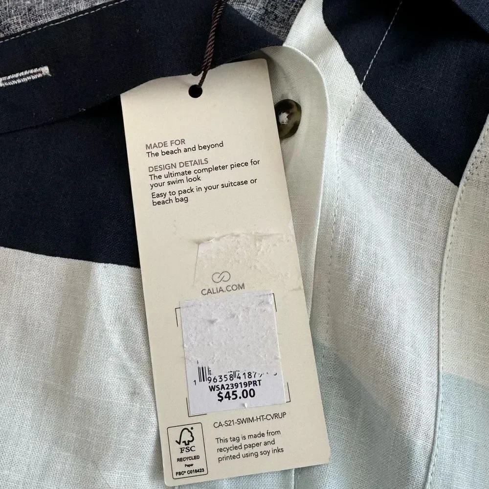 Calia Women's Wavy Blocks Blue Oversized Long Slv Button Down Cover Up (M) NWT